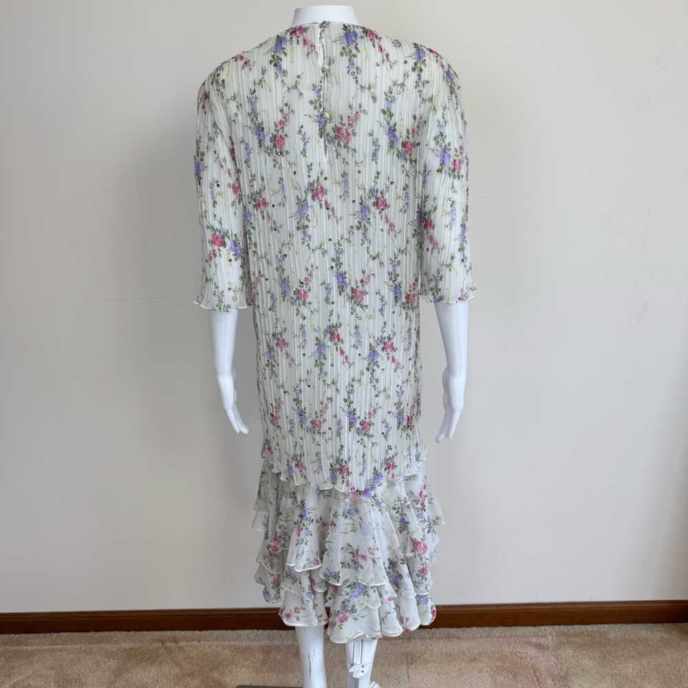 Judy Hornby I.Magnin Silk Floral Pleated Tiered Ruffle Dress 80s Art Deco Sz 14 - Picture 7 of 17